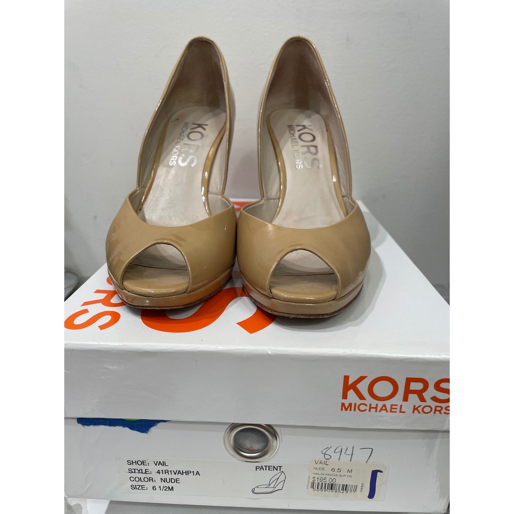 Michael Kors Vail Nude Patent Leather Peep Toe Wedge Pumps Heels 6.5M 41R1VAHP1A - Picture 2 of 7